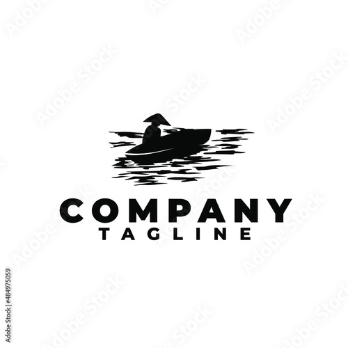 Fisherman in boat in the sea logo design. Fisherman silhouette. Fishing logo