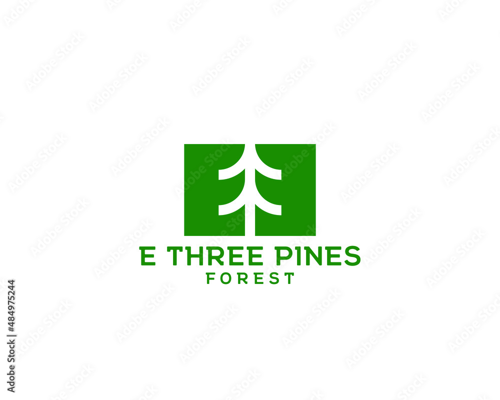 Letter E and number 3 pine tree logo. Negative space pine tree between letter e and number 3 Letter E and number 3 pine tree logo. Negative space pine tree between letter e and number 3