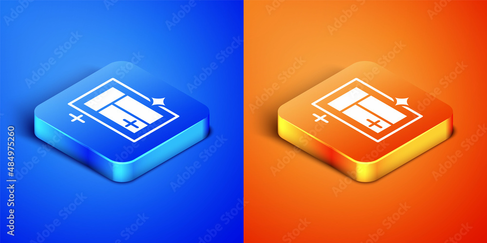 Isometric Cleaning service for window icon isolated on blue and orange background. Squeegee, scraper, wiper. Square button. Vector Isometric Cleaning service for window icon isolated on blue and orange background. Squeegee, scraper, wiper. Square button. Vector