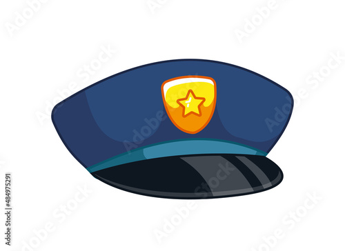 A cute police cap with a golden sheriff's symbol and a star. Vector illustration in cartoon childish style. Isolated funny clipart on white background. cute print.