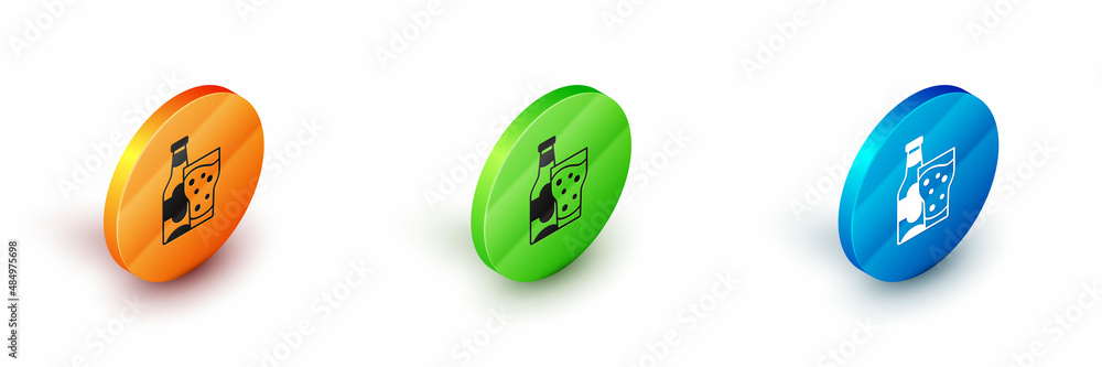 Isometric Beer bottle and glass icon isolated on white background. Alcohol Drink symbol. Circle button. Vector Isometric Beer bottle and glass icon isolated on white background. Alcohol Drink symbol. Circle button. Vector