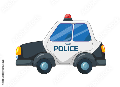 Cute police car with outline and siren. Service Vehicle for chasing a criminal. Vector illustration in cartoon childish style. Isolated funny clipart on white background. cute print.