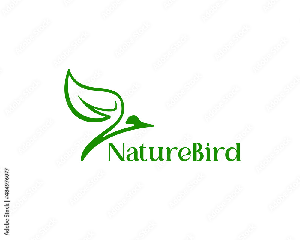 Nature bird logo. Outline silhouette bird logo with leaves wing