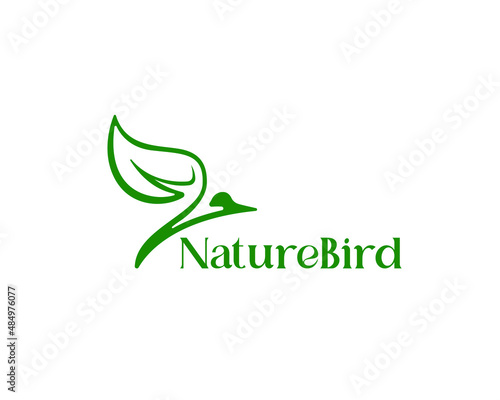 Nature bird logo. Outline silhouette bird logo with leaves wing