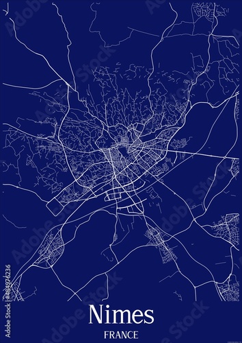 Dark Blue map of Nimes France.