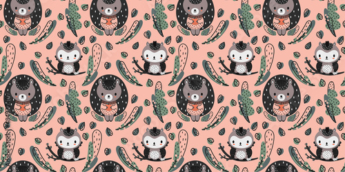 Seamless pattern of cute little hedgehogs and owls sitting on a branch surrounded by forest vegetation and leaves on a pink background Design of girly children's clothing, packaging, nursery  Vector