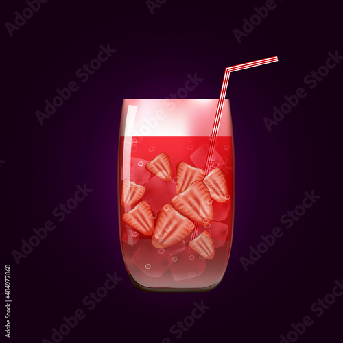 Strawberry cocktail Isolated on dark background. Fresh summer drink and berries vector illustration