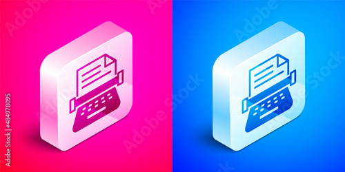 Isometric Retro typewriter and paper sheet icon isolated on pink and blue background. Silver square button. Vector