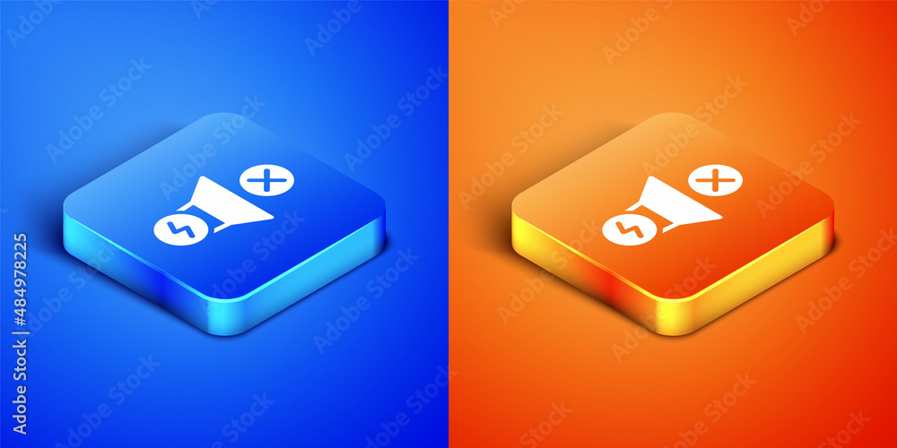 Isometric Electric motor icon isolated on blue and orange background. Square button. Vector Isometric Electric motor icon isolated on blue and orange background. Square button. Vector