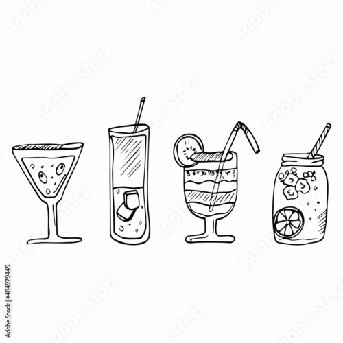 Vector doodle set of cocktails and alcohol drinks. line tropical cocktails and summer juice