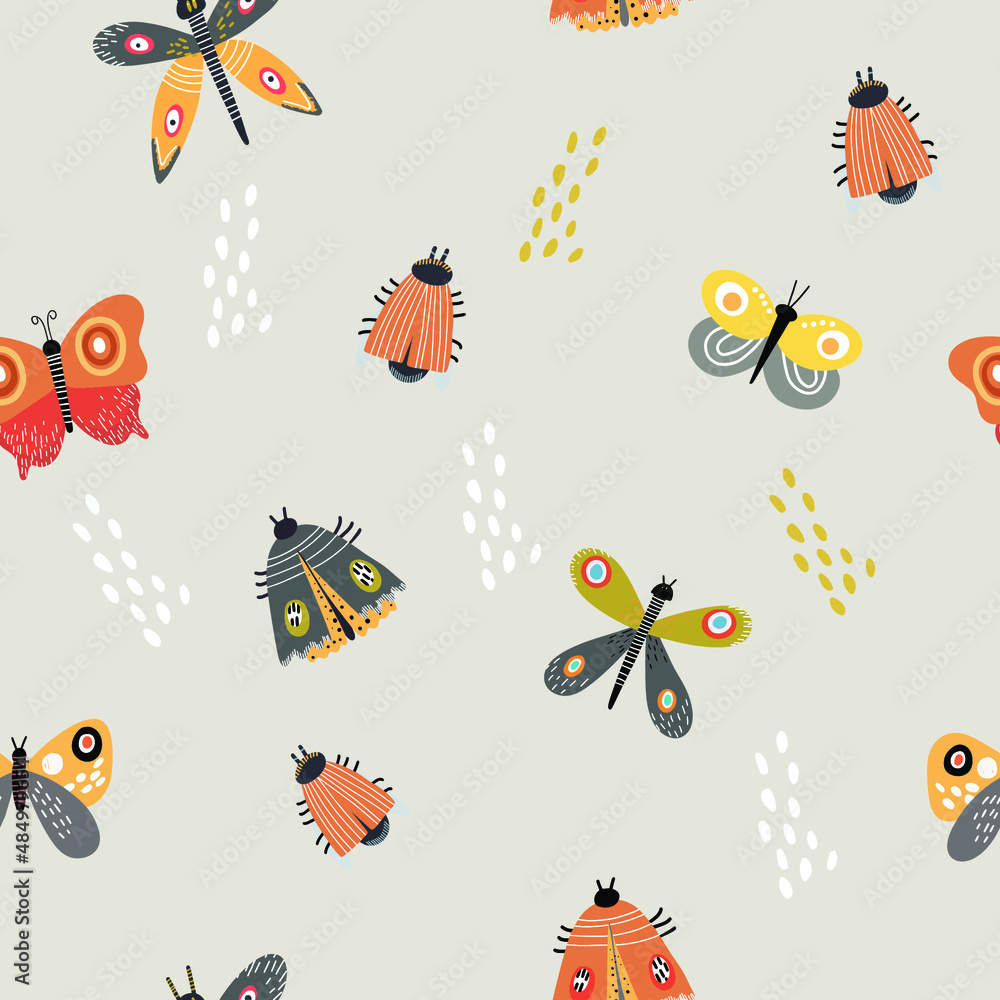 Seamless pattern on a gray background with insects, bugs, butterflies, summer, spring, happy easter background, digital paper, packaging. Seamless pattern on a gray background with insects, bugs, butterflies, summer, spring, happy easter background, digital paper, packaging.