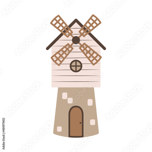 Cute cartoon mill. Simple flat icon in the Scandinavian style. Traditional building on a farm or ranch. Item of rural life and agriculture. Traditional grain harvesting technologies.