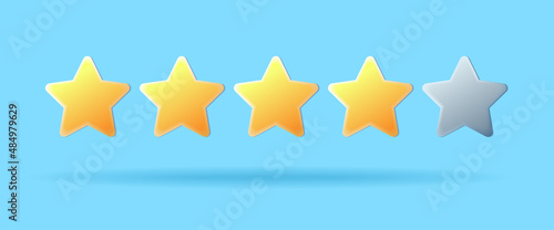 Five stars. Feedback or rating concept banner. Cartoon four yellow gold stars and one grey. Vector realistic 3d design of the object. Sign of good review, supporting client service successful.