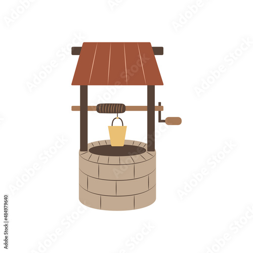 Cute cartoon well. Bucket for water on a rope. Item of rural life. Simple flat icon. Element of a farm, ranch or village. Clipart for educational children's games and books. Agriculture
