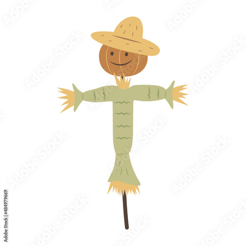 Cute cartoon garden scarecrow. A pumpkin head in a straw hat. Farm life item. Field decoration. Farmer helper. Element clipart for village or ranch. Straw man.