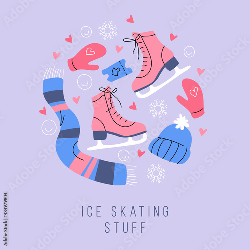 A set of things for a street skating rink to skate. Women's cute items. Light illustration in a flat style