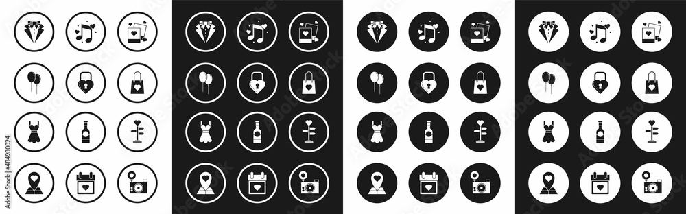 Set Two blanks photo frames and hearts, Castle in the shape of, Balloons with ribbon, Suit, Shopping bag, Music note, tone, Signpost and Woman dress icon. Vector