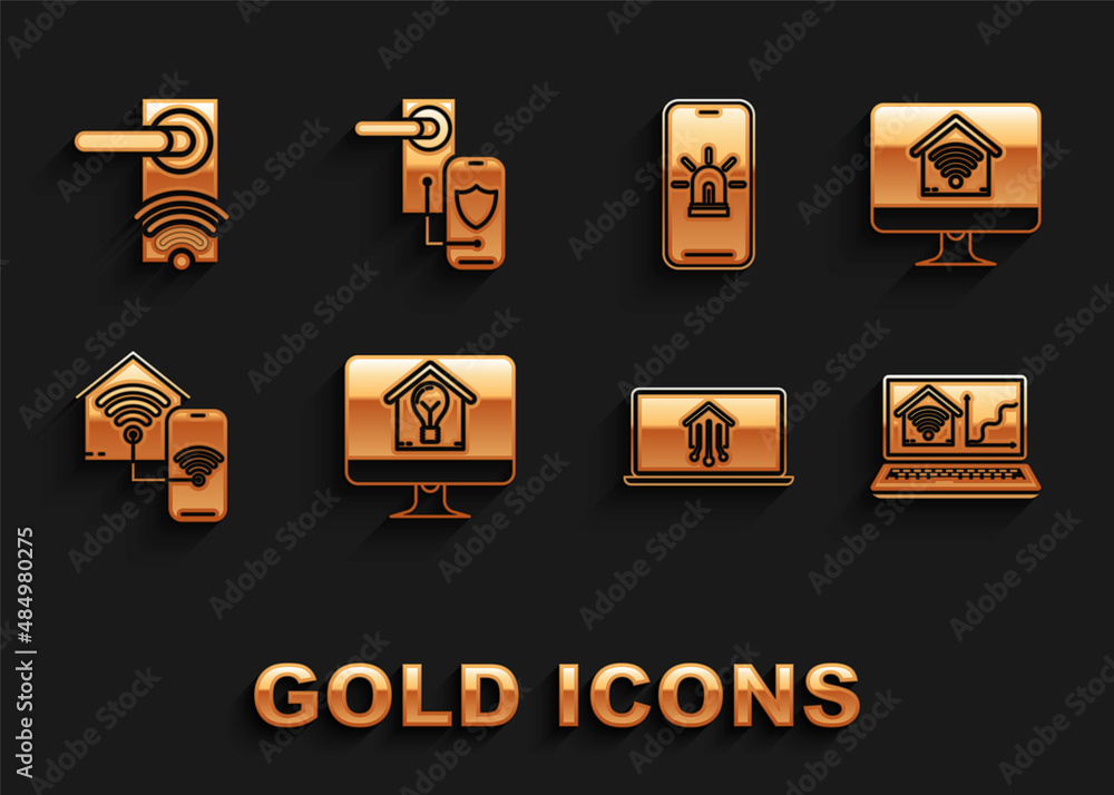Set Computer monitor with smart house and light bulb, home wi-fi, Laptop, Smart, Mobile phone alarm, Digital door lock wireless technology for unlock and icon. Vector Set Computer monitor with smart house and light bulb, home wi-fi, Laptop, Smart, Mobile phone alarm, Digital door lock wireless technology for unlock and icon. Vector