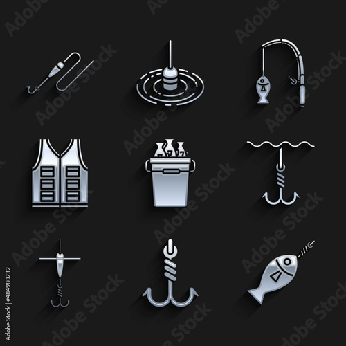 Set Fishing bucket with fishes, hook, on, under water, and float, jacket, rod and line icon. Vector