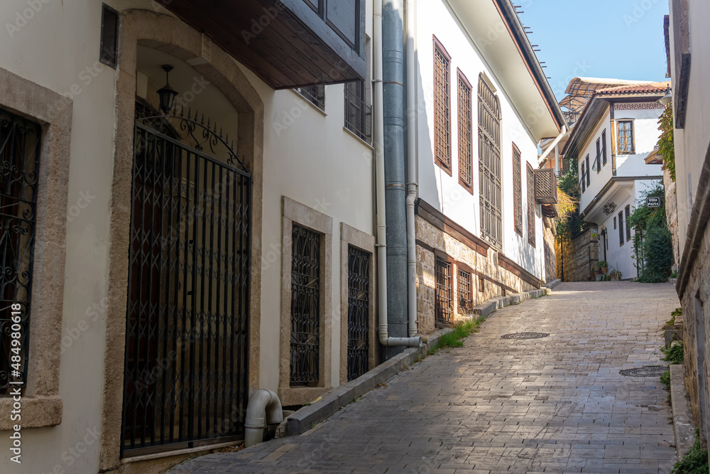 narrow winding streets of Kaleiçi, historic city center of Antalya, Turkey