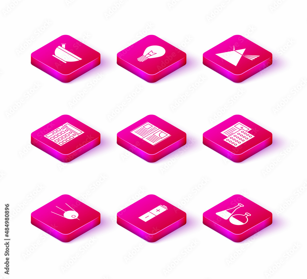 Set Satellite, Battery, Calculator, Open book, Test tube and flask chemical laboratory, Pills in blister pack, Light rays prism and bulb with concept of idea icon. Vector Set Satellite, Battery, Calculator, Open book, Test tube and flask chemical laboratory, Pills in blister pack, Light rays prism and bulb with concept of idea icon. Vector