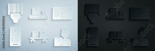 Set Railway carriage, Postcard, Mobile phone with app delivery tracking, Delivery man cardboard boxes, Conveyor belt and Scanner scanning bar code icon. Vector