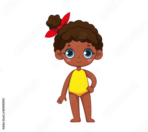 A cute black girl in a red one-piece swimsuit. Children's illustration of a child. Vector illustration in cartoon childish style. Isolated funny clipart. Cute baby print on vacation at the beach.