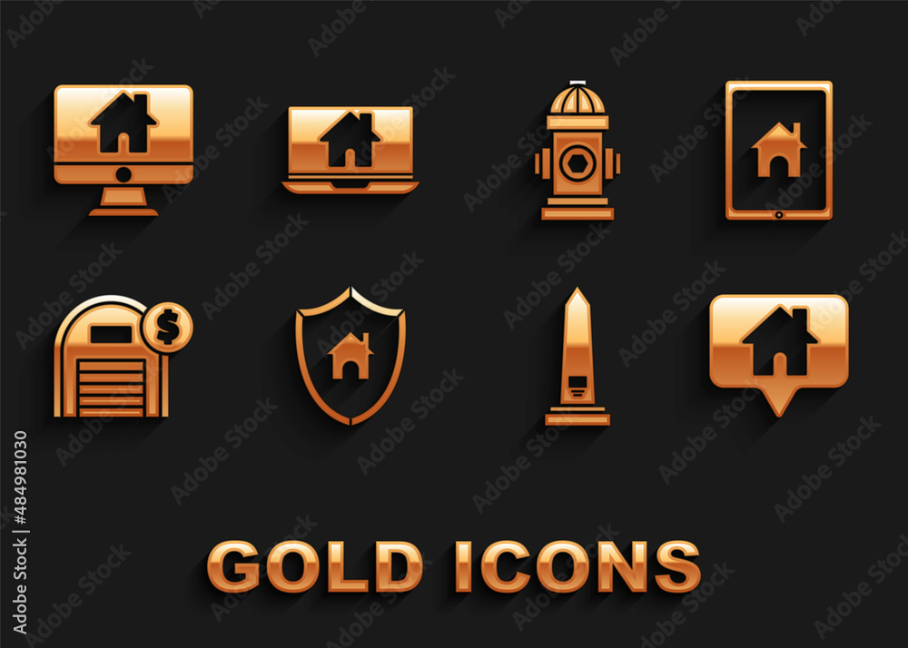 Set House with shield, Tablet and smart home, Map pointer house, Washington monument, Warehouse dollar symbol, Fire hydrant, Computer monitor and Laptop icon. Vector Set House with shield, Tablet and smart home, Map pointer house, Washington monument, Warehouse dollar symbol, Fire hydrant, Computer monitor and Laptop icon. Vector