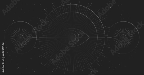 Abstract mystical shapes on a black background. Esoteric symbols, imitation of planets.