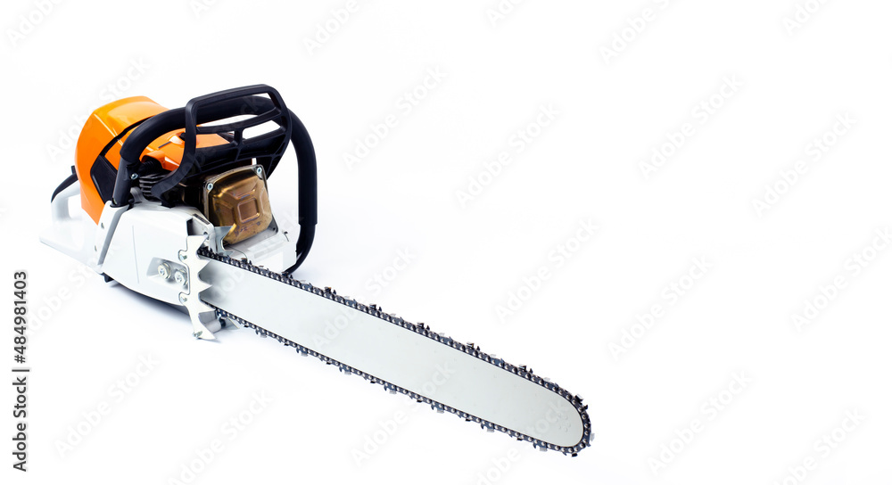 Chainsaw. On white background. Tire, chainsaw chain. Woodworking tool. Chainsaw. On white background. Tire, chainsaw chain. Woodworking tool.