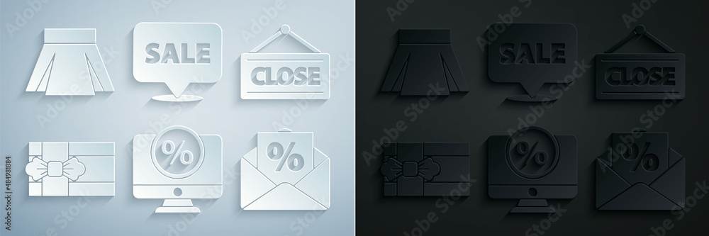 Set Percent discount and monitor, Hanging sign with Closed, Gift box, Envelope interest, Sale and Skirt icon. Vector Set Percent discount and monitor, Hanging sign with Closed, Gift box, Envelope interest, Sale and Skirt icon. Vector