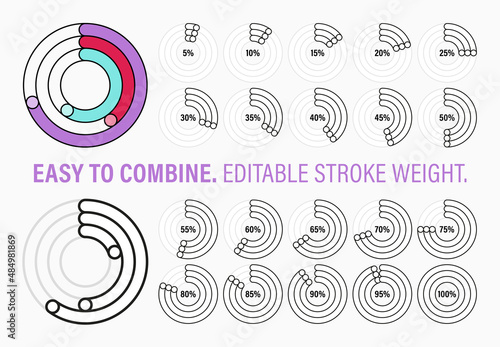 Set of editable trendy line style round infographic pie chart design elements with percentages. Easy to combine different graphs, edit stroke wight un change colors.