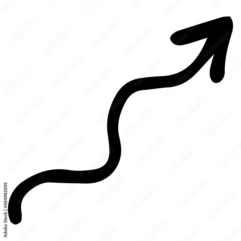 Vector the icon of the wavy arrow. An isolated element hand-drawn in a doodle style with a curved wave of black arrows on white for a design template.