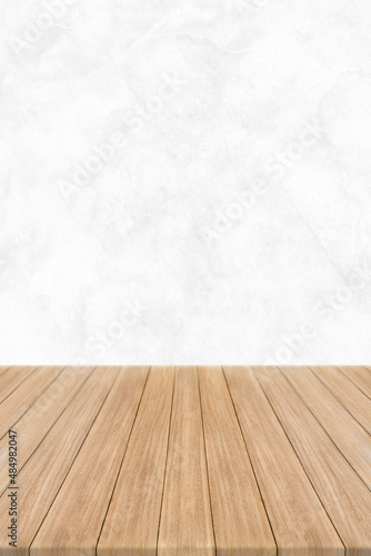 Empty wood table top and blur wall. Wall Texture Background. Building banner mock up abstract background - can used for display or montage your products.