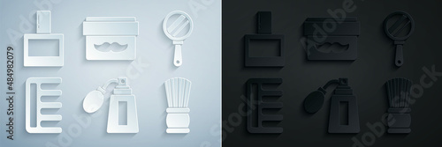 Set Aftershave bottle with atomizer, Hand mirror, Hairbrush, Shaving, Cream lotion cosmetic jar and icon. Vector
