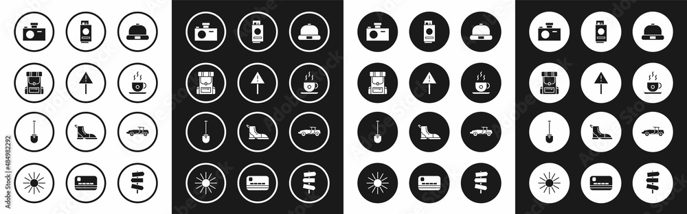 Set Beanie hat, Exclamation mark in triangle, Hiking backpack, Photo camera, Coffee cup, Passport with ticket, Car and Shovel icon. Vector Set Beanie hat, Exclamation mark in triangle, Hiking backpack, Photo camera, Coffee cup, Passport with ticket, Car and Shovel icon. Vector