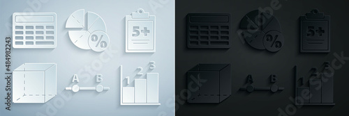 Set Graph, schedule, chart, diagram, Test or exam sheet, Geometric figure Cube, and Calculator icon. Vector