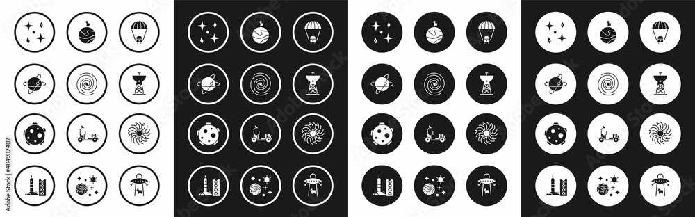 Set Space capsule and parachute, Black hole, Satellites orbiting the planet Earth, Falling stars, dish, Moon with flag, and Planet icon. Vector Set Space capsule and parachute, Black hole, Satellites orbiting the planet Earth, Falling stars, dish, Moon with flag, and Planet icon. Vector