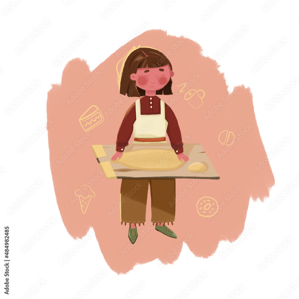 Young girl cook simple style baking bread on a white background Young girl cook simple style baking bread on a white background