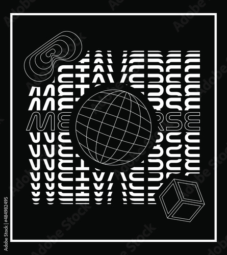 White Metaverse words with shapes on black background. Future technology concept. T-shirt design.