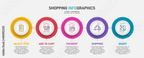 Concept of shopping process with 5 successive steps. Five colorful graphic elements. Timeline design for brochure, presentation, web site. Infographic design layout.