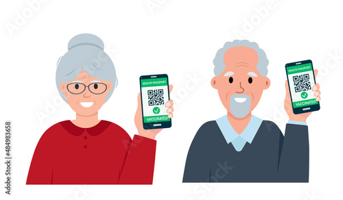 Happy old woman and man with Health Passport QR-code on smartphone screen. Covid-19 immune and Coronavirus vaccination for elderly people. Flat vector illustration isolated on white background.