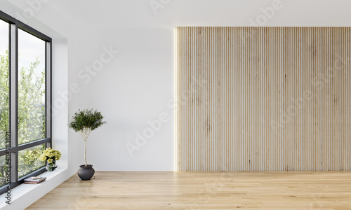 Foto Modern interior design mock up with white walls and vertical slats panel, 3D Ren