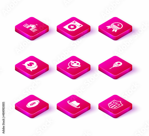 Set American Football ball, Western cowboy hat, Coin money with dollar, Tourist binoculars, Shield stars, Balloons, Medal and Calendar date July 4 icon. Vector