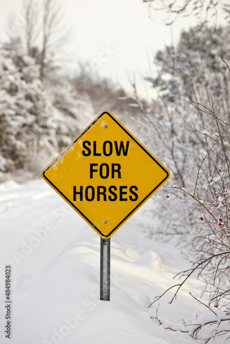 A Yellow Warning Sign reading Slow for Horses