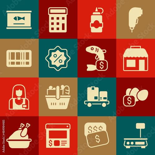 Set Electronic scales, Price tag for egg, Market store, Sauce bottle, Discount percent, Barcode, Canned fish and icon. Vector