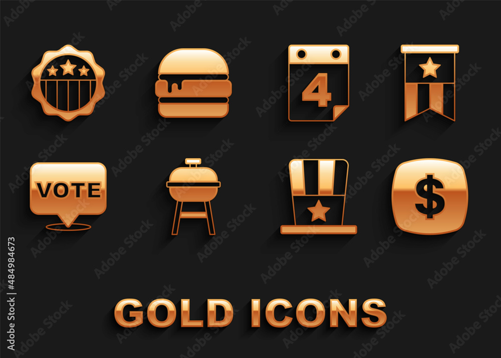 Set Barbecue grill, American flag, Dollar symbol, Patriotic top hat, Vote, Calendar with date July 4, USA Independence day and Burger icon. Vector Set Barbecue grill, American flag, Dollar symbol, Patriotic top hat, Vote, Calendar with date July 4, USA Independence day and Burger icon. Vector
