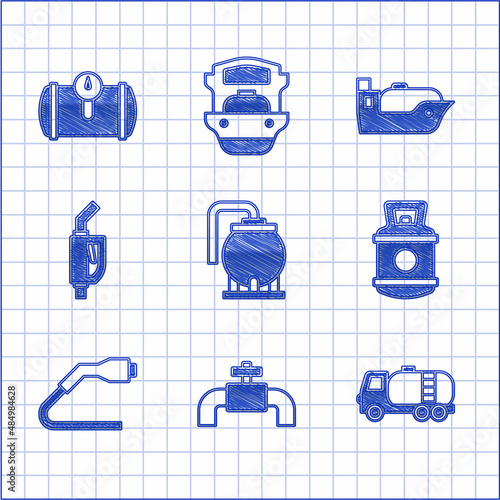 Set Oil tank storage, Metallic pipes and valve, Tanker truck, Propane gas, Electrical cable plug charging, Gasoline pump nozzle, tanker ship and for vehicle icon. Vector