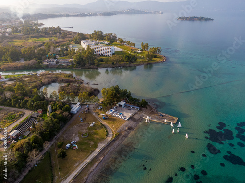 aerial droen view of potamos in corfu greece photo