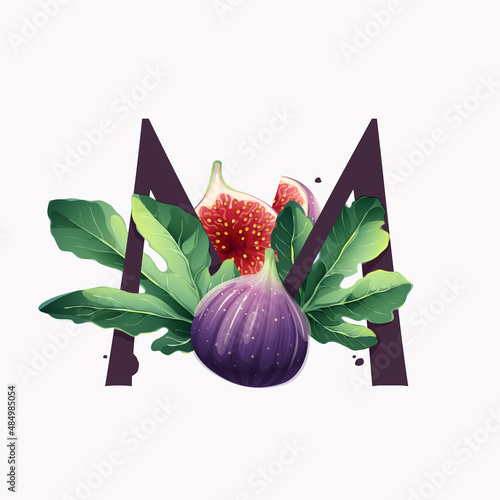 Letter M logo with fresh ripe purple fig fruit and slices with leaf.